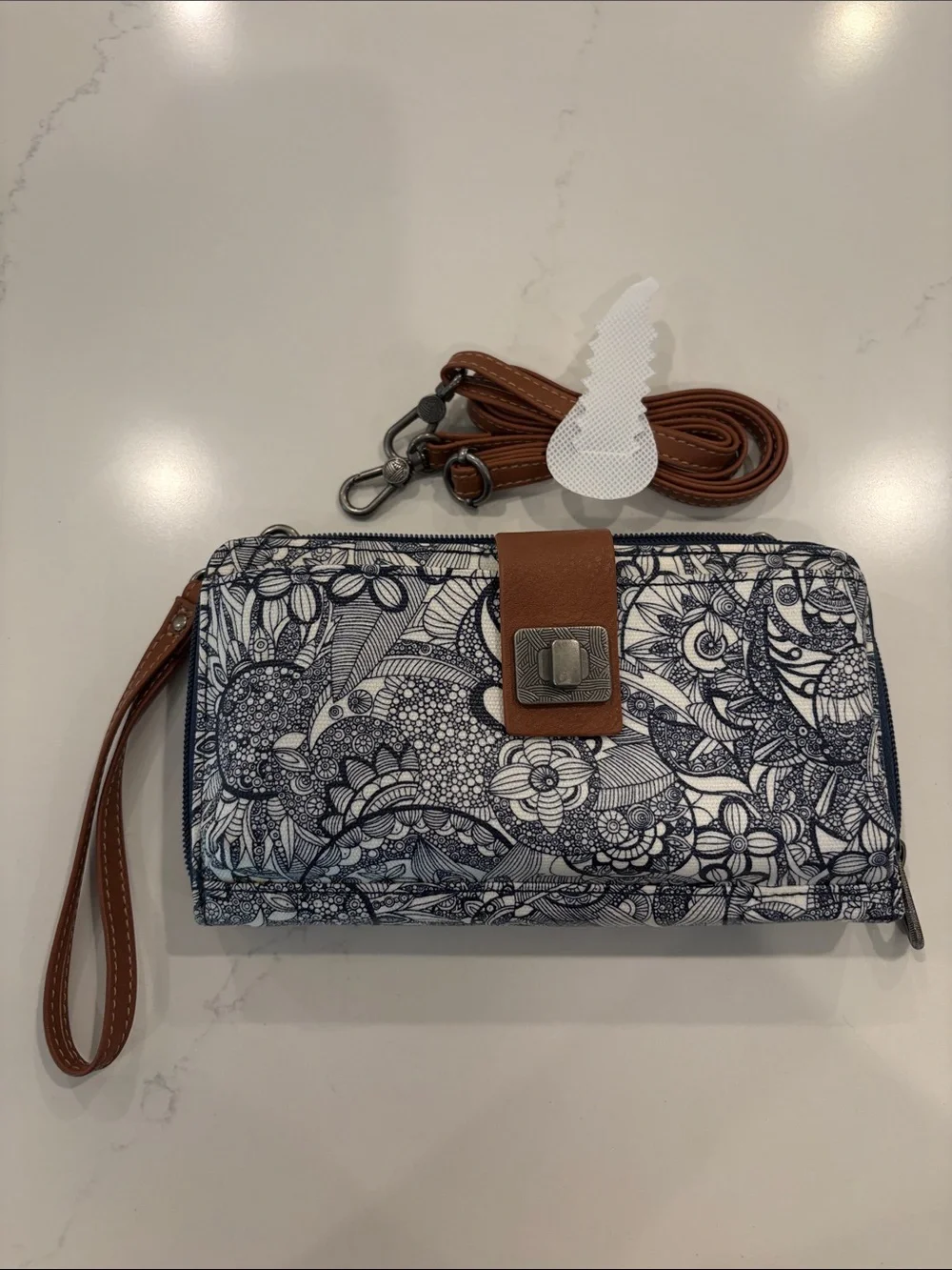 Floral Pattern Convertible Wristlet Crossbody Bag in Navy and Brown